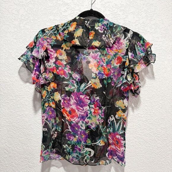 Lauren Ralph Lauren 100% Silk Women Medium Blouse Ruffle Floral Sheer Fairycore - Picture 2 of 8